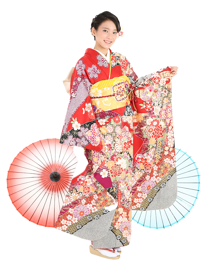 花柄の赤い振袖姿の若い女性。白と赤の和傘を両側に配した、成人式や晴れ着撮影のための正装ポートレート。