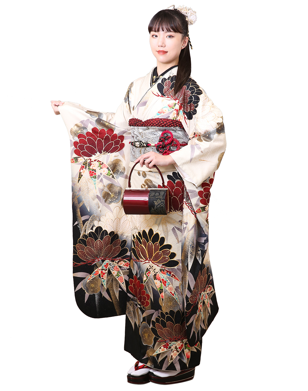 黒髪の女性。縦縞と花柄を組み合わせた個性的な振袖姿で、赤い髪飾りをつけた成人式や特別なイベント用の着物姿。